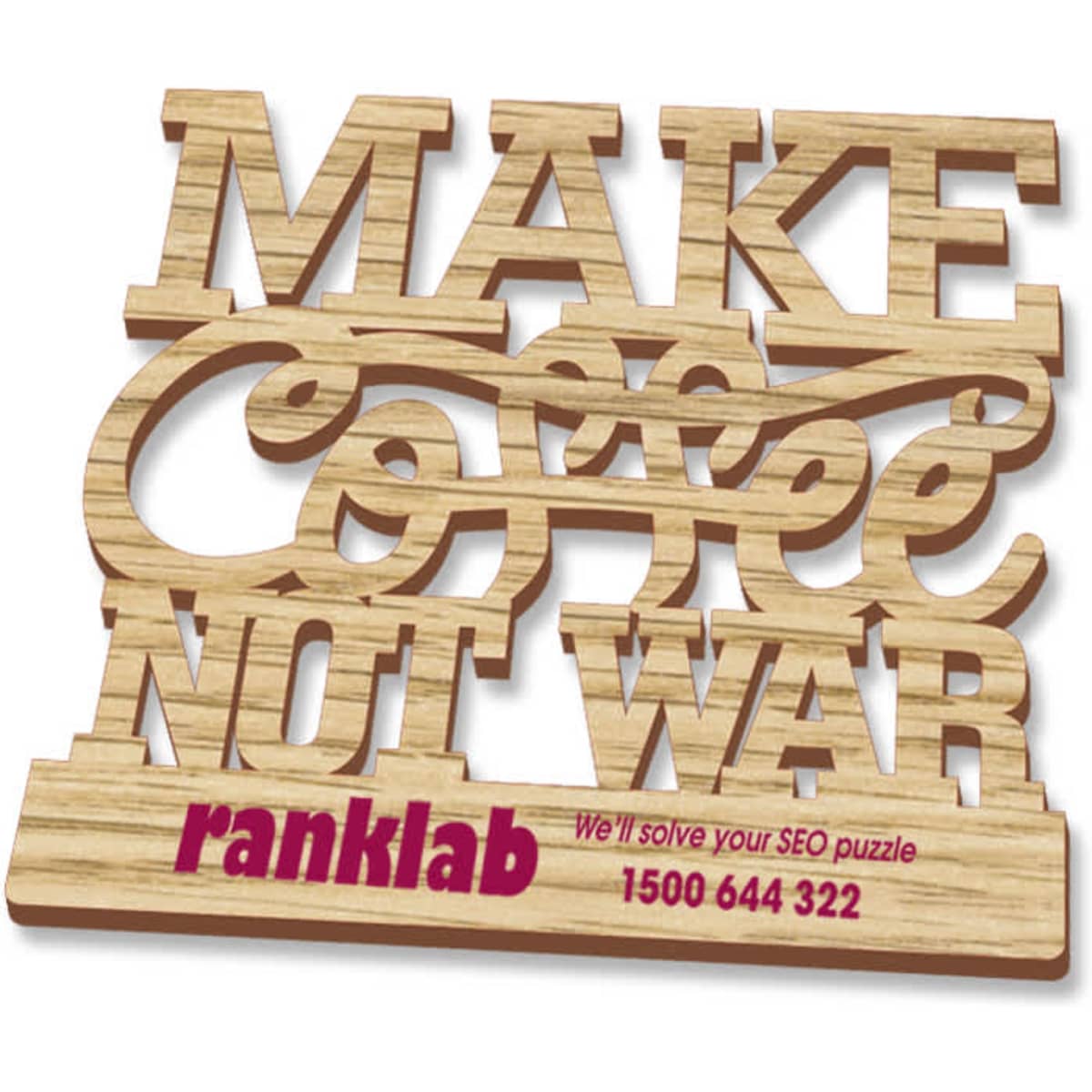 A wooden coaster featuring the slogan "Make Coffee Not War", with a logo and text in purple.