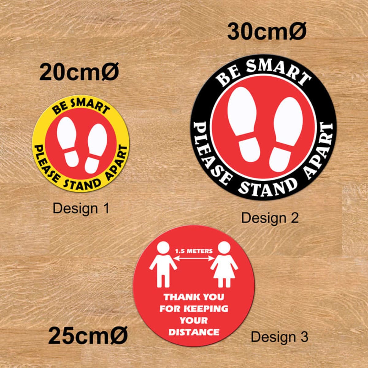 Three non-slip floor decals in red, yellow, and black, featuring various designs with footprints and distance reminders.