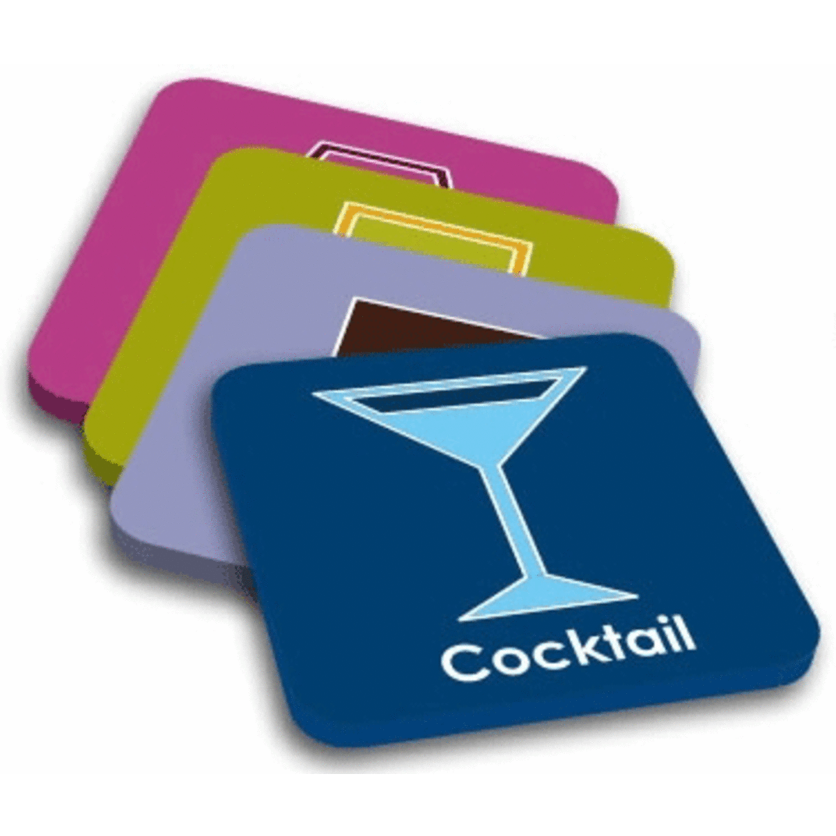 A stack of four soft PVC coasters in blue, purple, pink, and green, featuring cocktail illustrations and a logo.