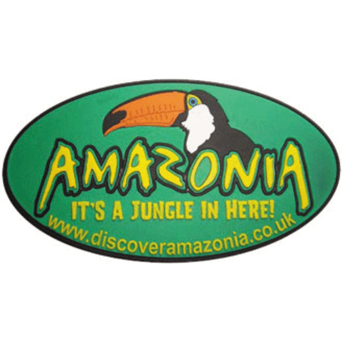 A bright green oval soft PVC fridge magnet featuring a toucan with the word "Amazonia" prominently displayed. It has a logo as well.
