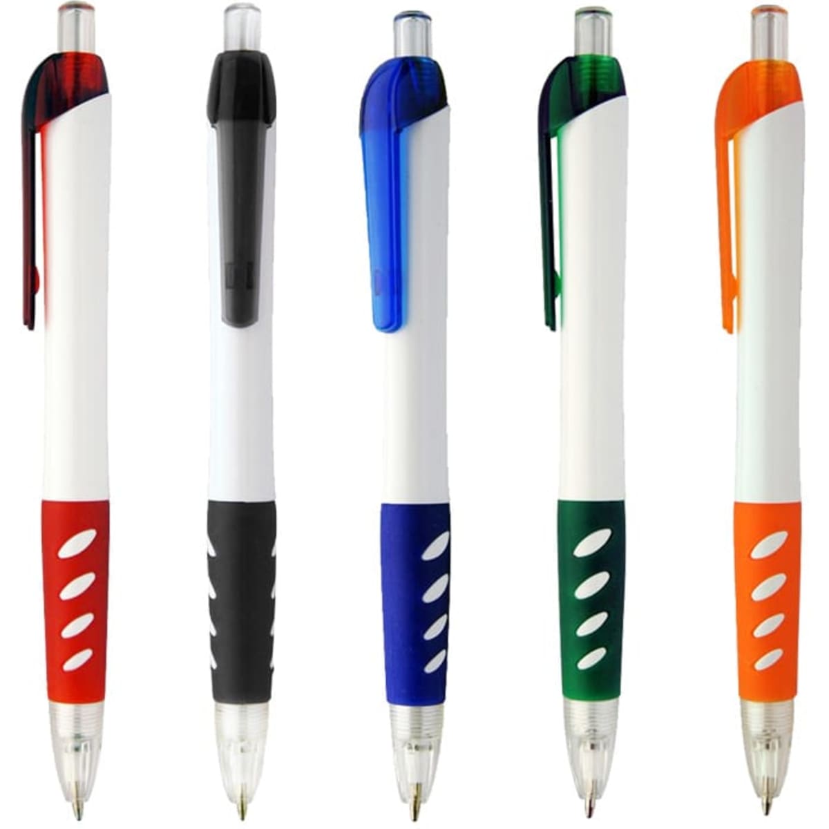 A collection of five plastic pens in red, black, blue, green, and orange, each with a white body and a clip.