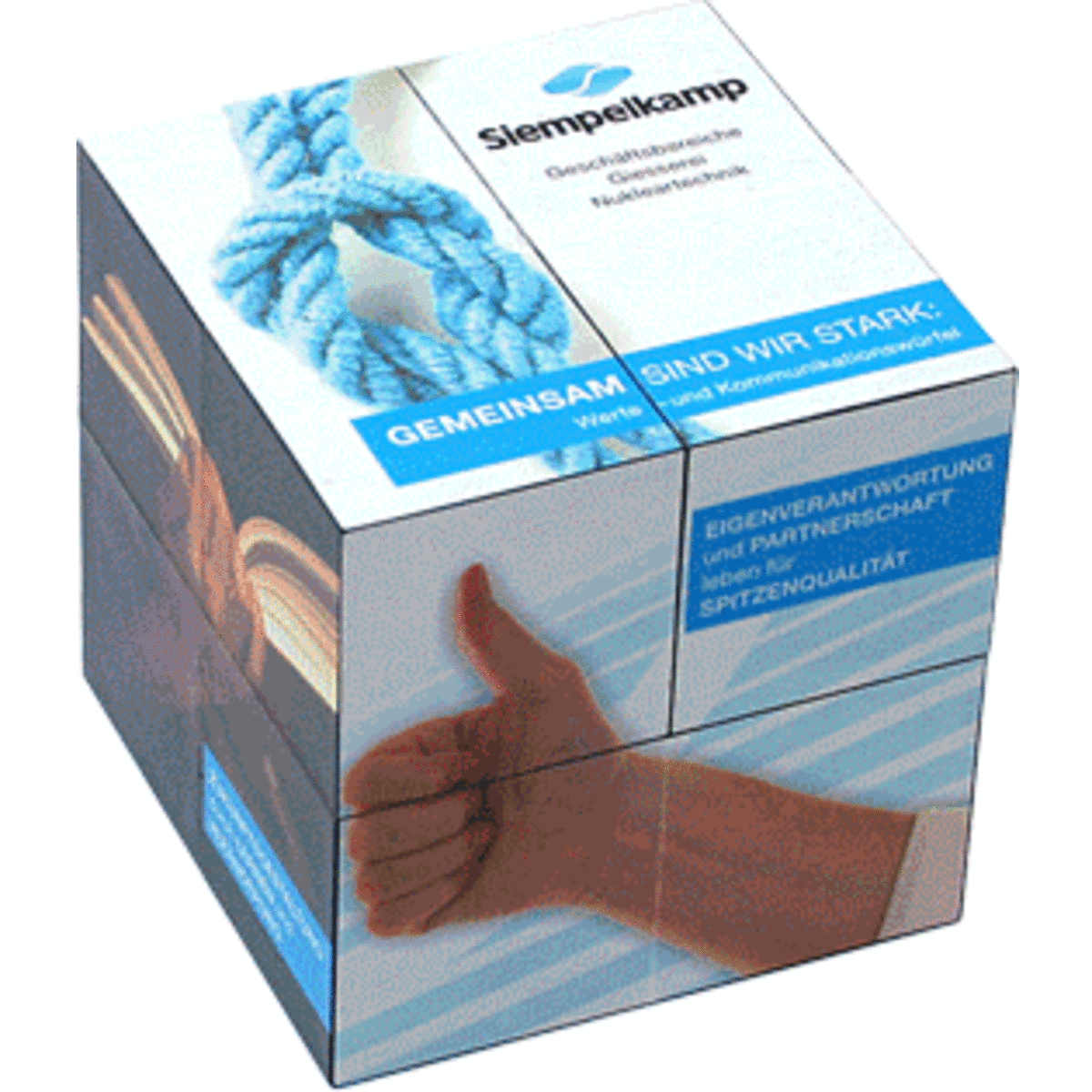 A multi-sided cube featuring various images and a logo, predominantly in blue, white, and earthy tones.