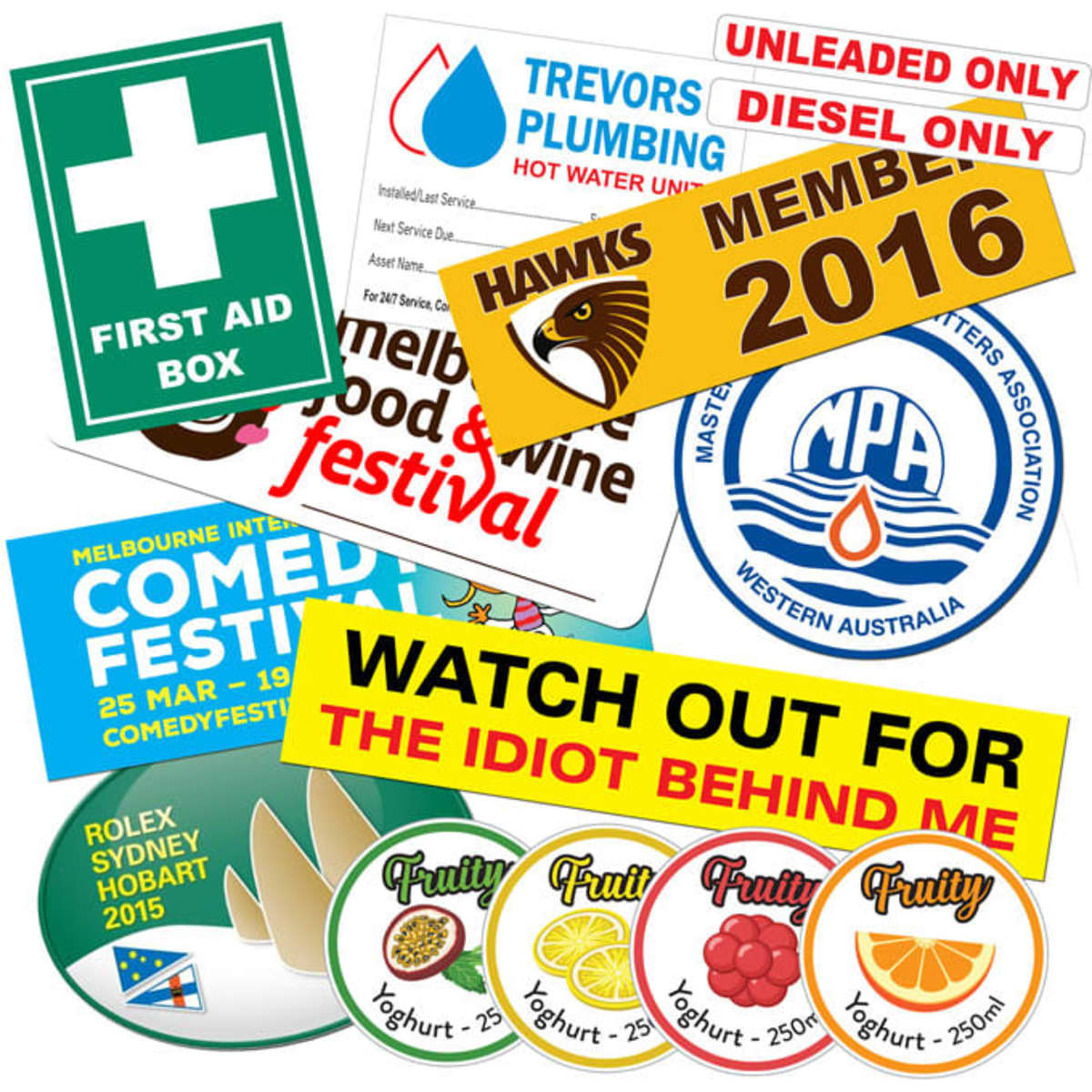 A collection of vinyl stickers in various colours, featuring logos and designs for events and products.