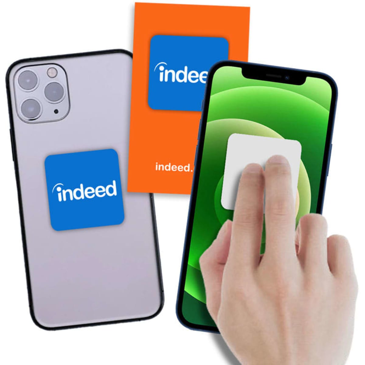 Microfibre sticky screen cleaner in blue, attached to a phone, with a hand demonstrating its use on a green screen.