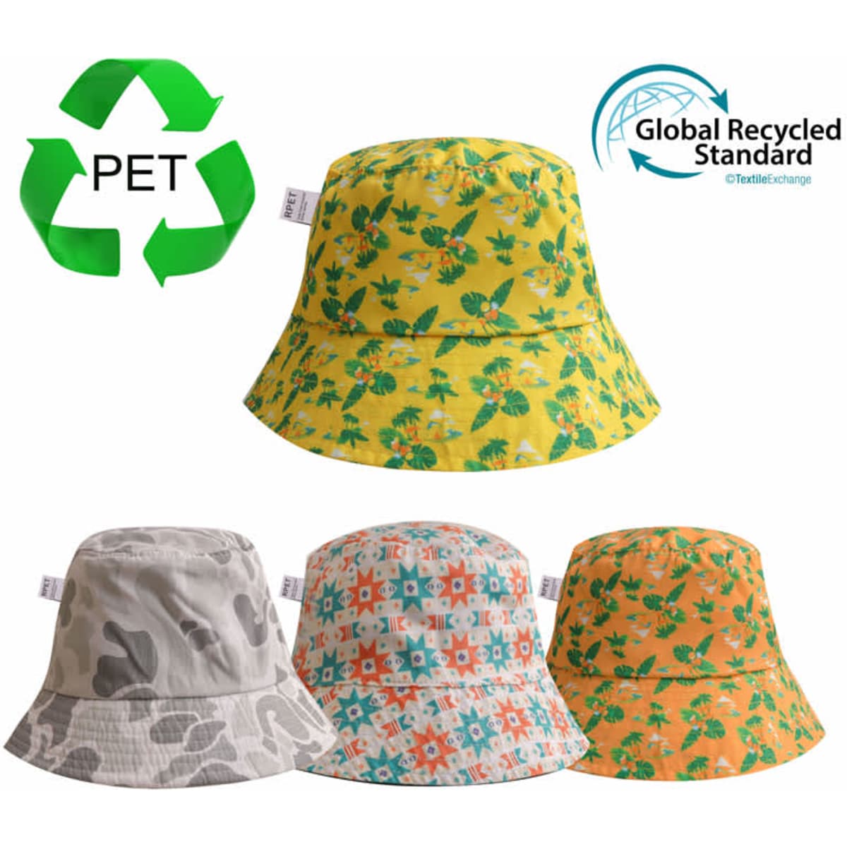 A collection of four bucket hats featuring floral, geometric, camouflage, and orange patterns. One has a logo.