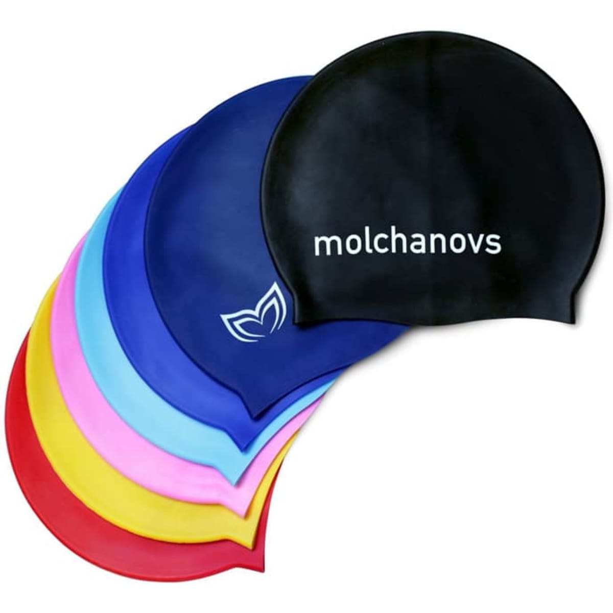 A set of seven swimming caps in various colours, including black, blue, pink, and yellow, with a logo on one.