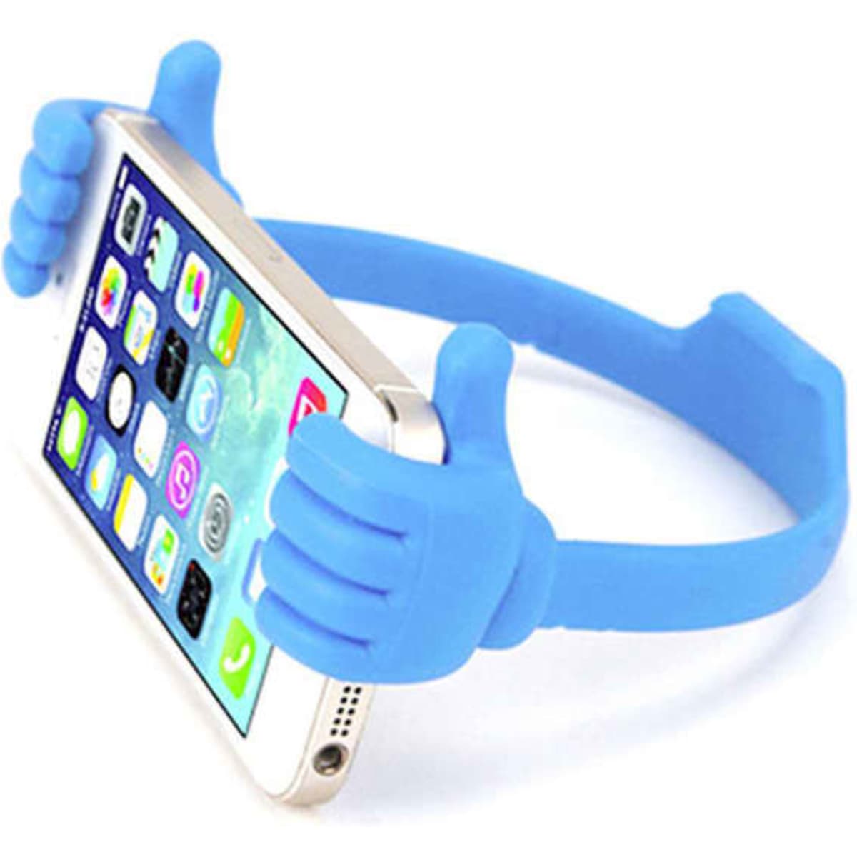 A blue phone holder shaped like hands, designed to support phones and tablets securely. Features a simple and playful design.