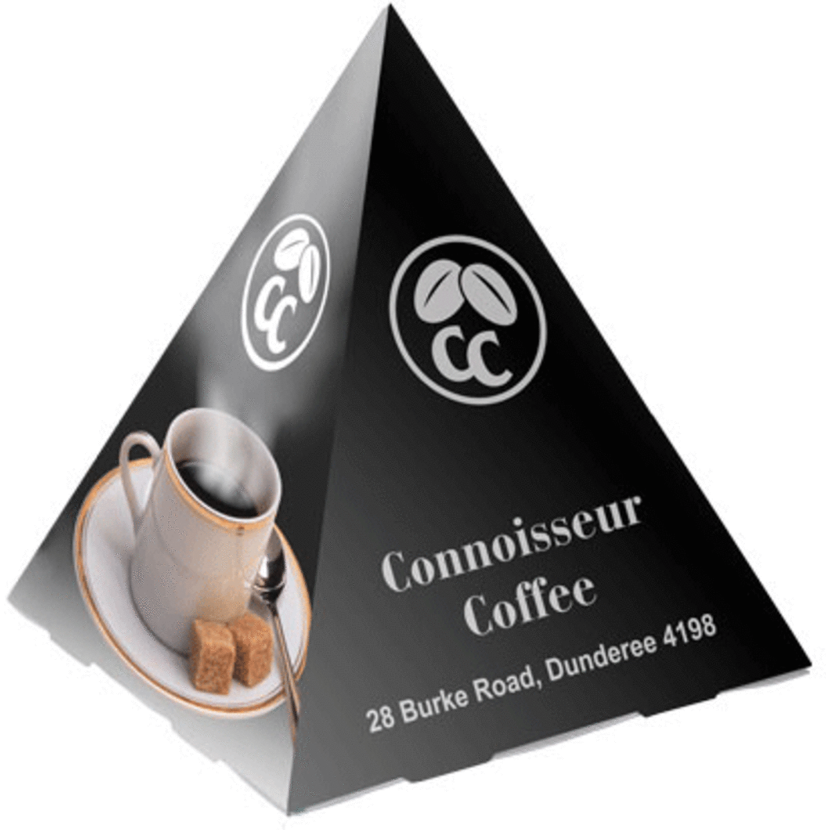 A black triangular promotional display with a coffee cup image and branding at the top.