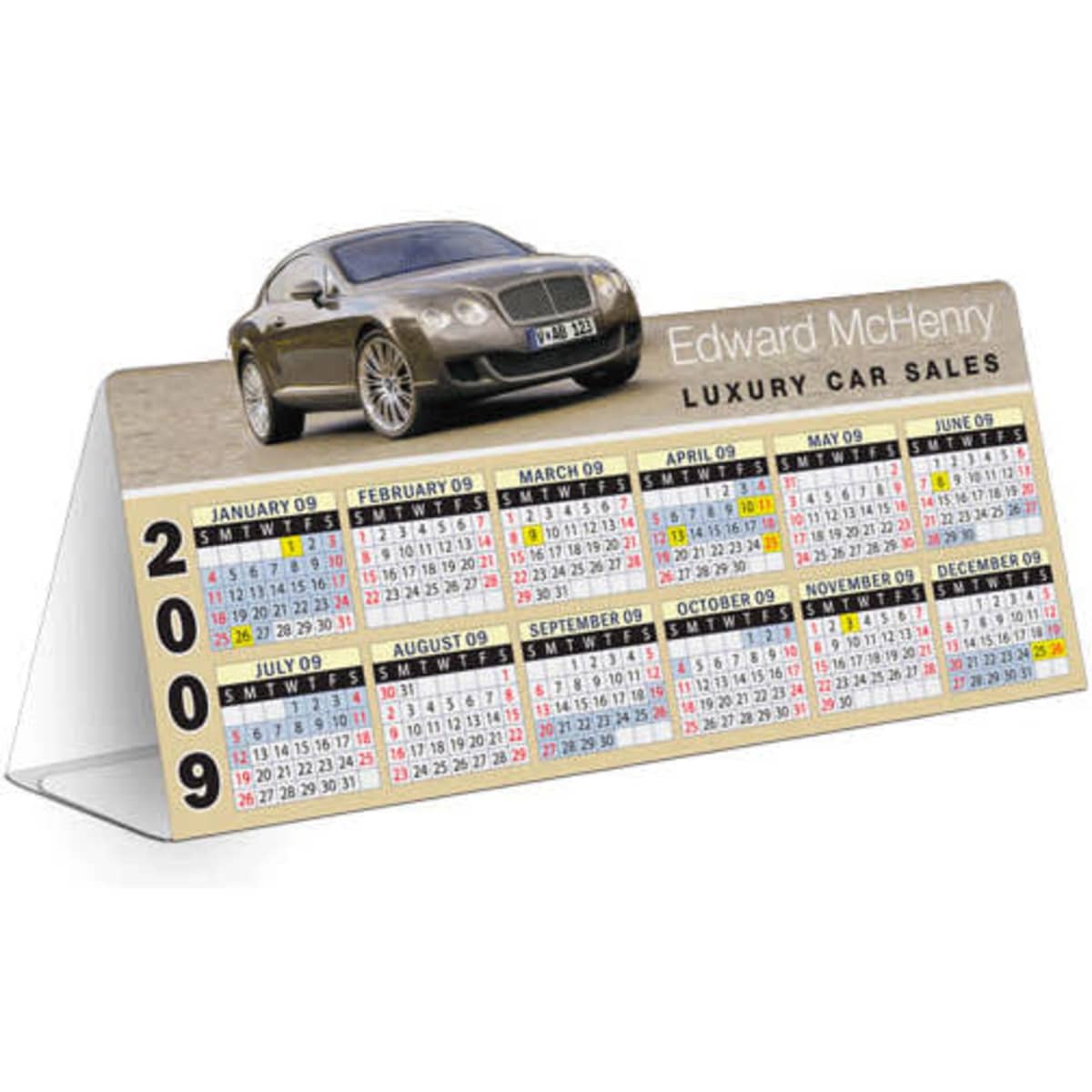 A table tent calendar featuring a luxury car image at the top and monthly calendars below, in yellow and white colours.