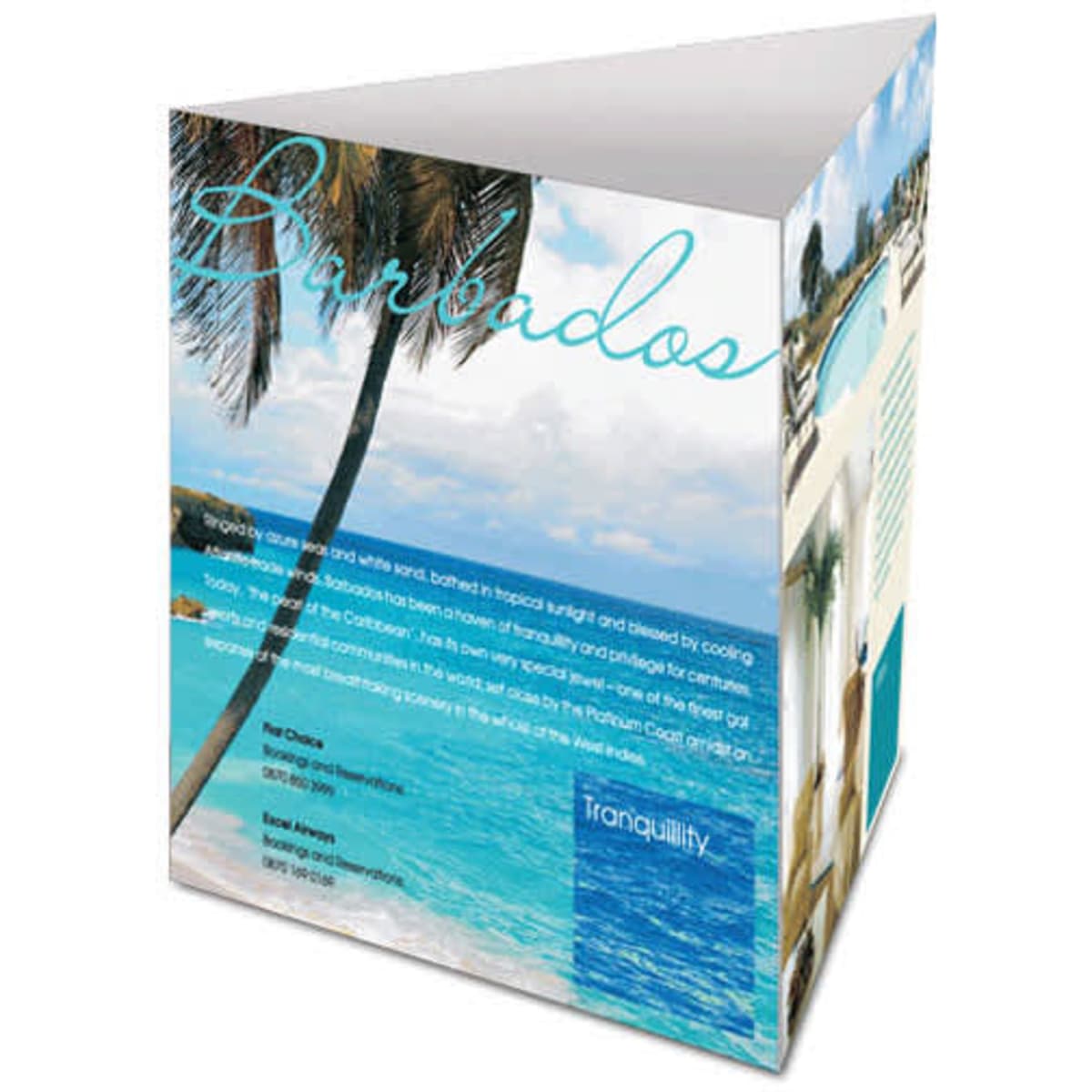 A triangular table tent featuring tropical beach scenery in shades of blue and green, with a logo at the top.