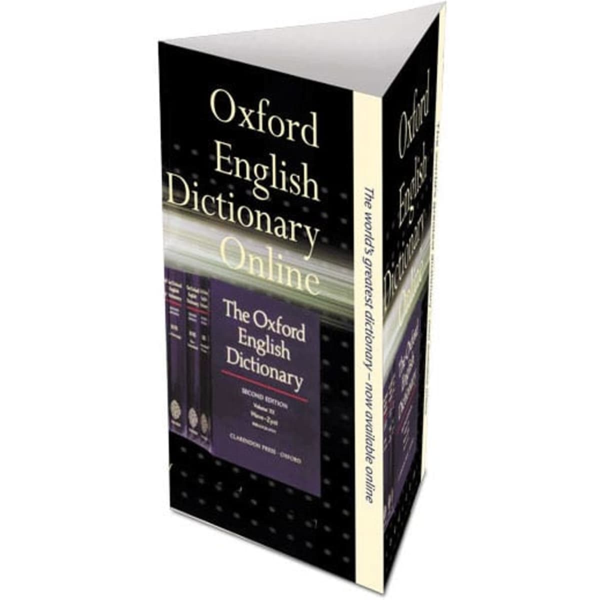 A triangular table tent display with a black and cream design featuring a logo and text related to an online dictionary.