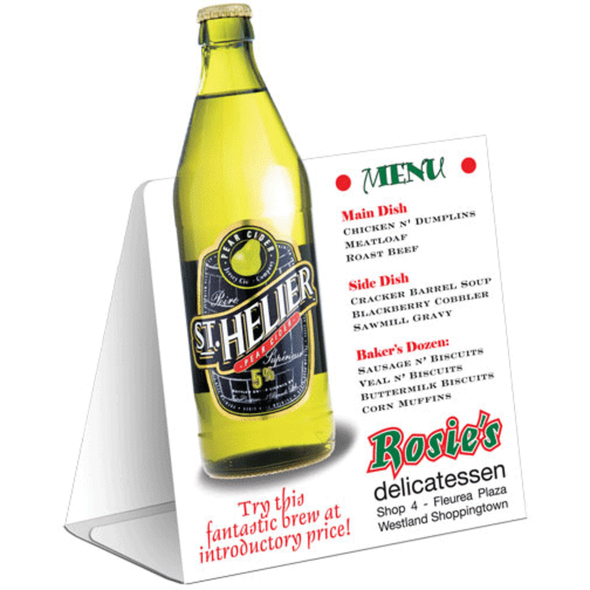 A table tent featuring a menu with a yellow drink bottle and a list of dishes in white and green.