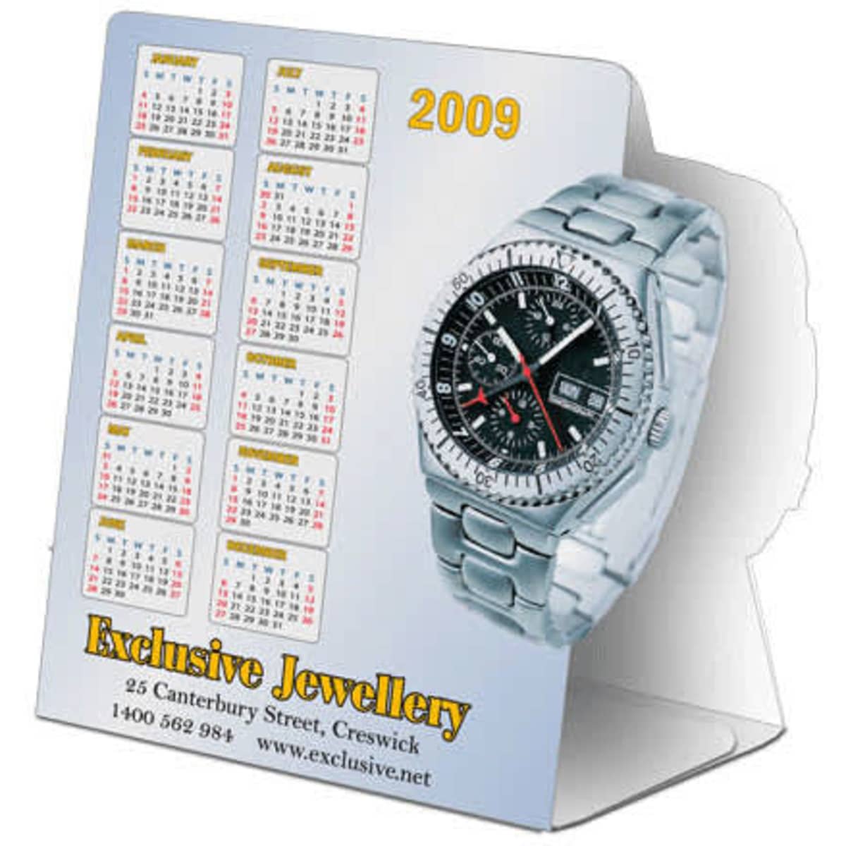 A table tent featuring a silver watch and a calendar for the year 2009, with a logo at the bottom.