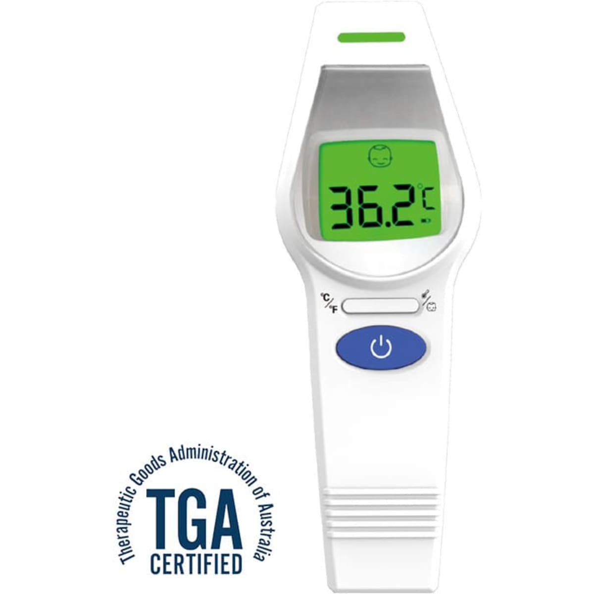 A white non-contact infrared thermometer with a green display showing a temperature reading and a logo.