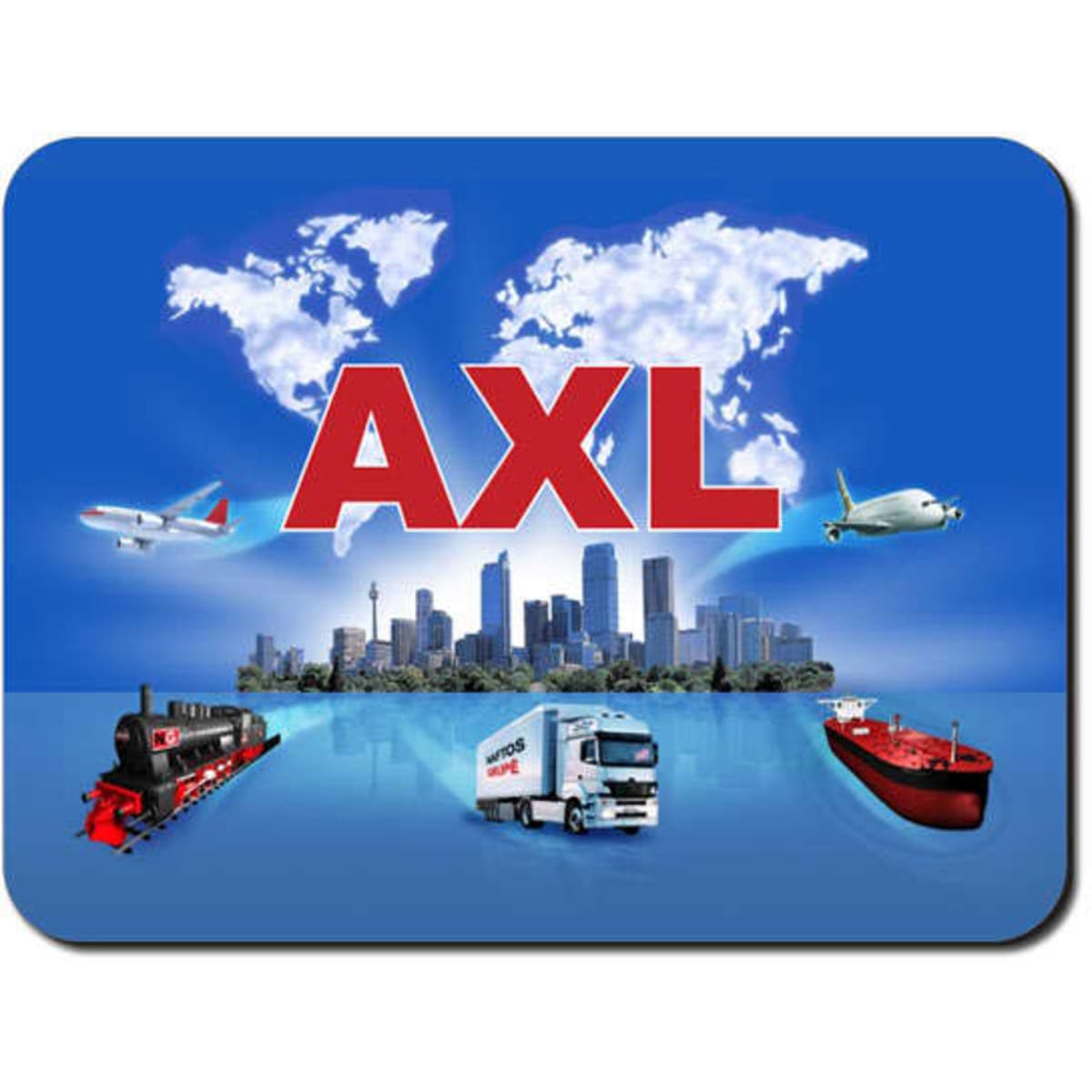 A mat featuring a blue background, images of transport vehicles, and the word "AXL" prominently displayed.