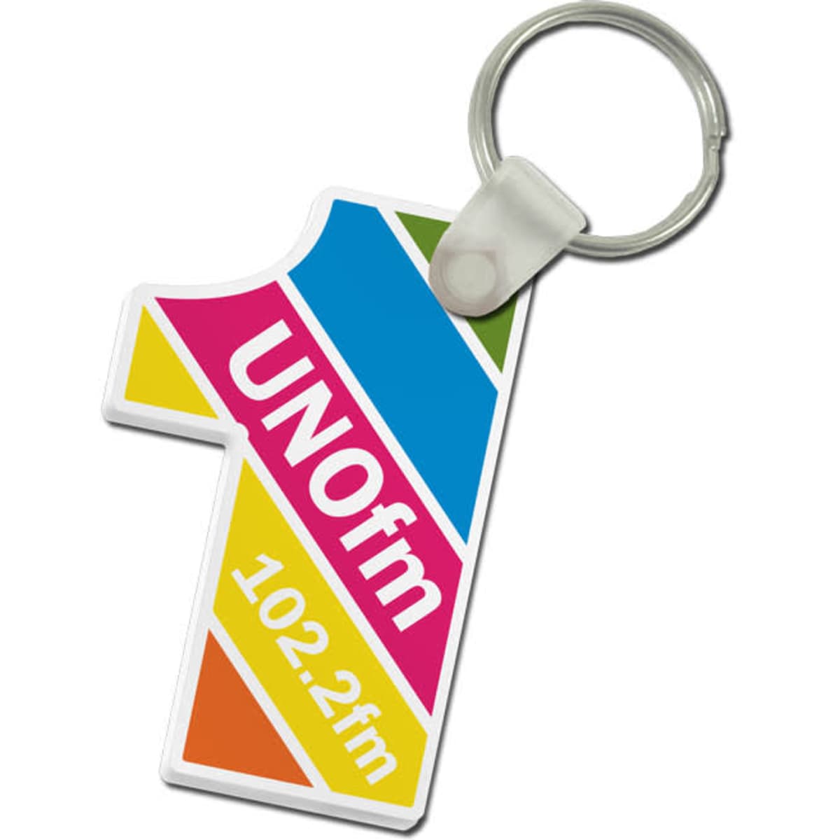 A custom-shaped acrylic keyring in the design of the number one, featuring multiple vibrant colours and a metal keyring attachment.