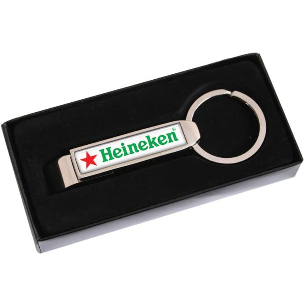 A drink bottle opener in silver with a circular keyring and a branded logo, presented in a black box.