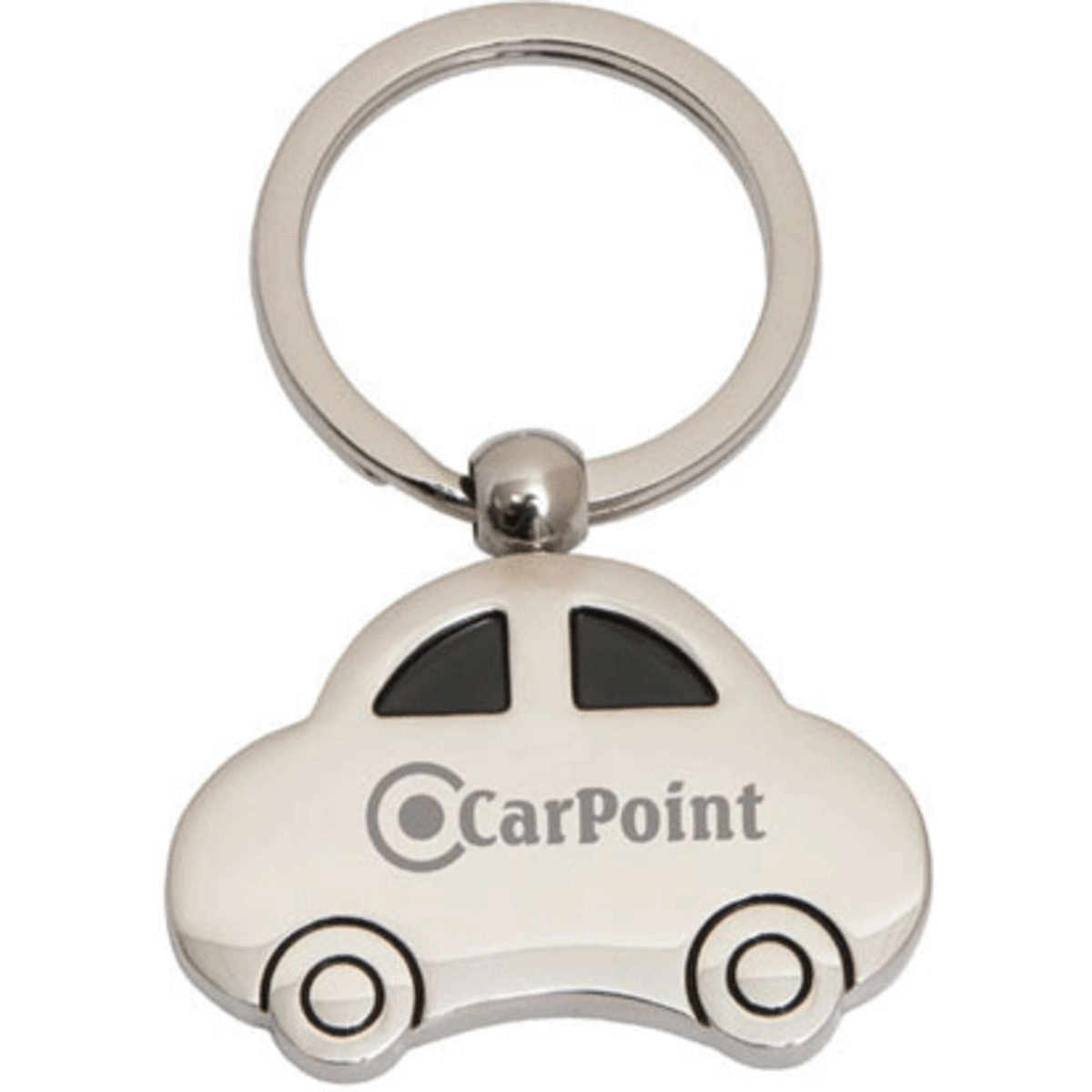 A silver metal keyring shaped like a car, featuring a logo on one side and a split ring attachment.