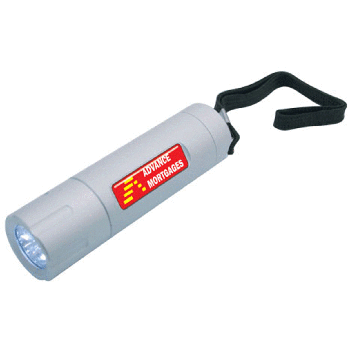 A silver LED torch with a black wrist strap and a logo. The torch emits light from its front end.