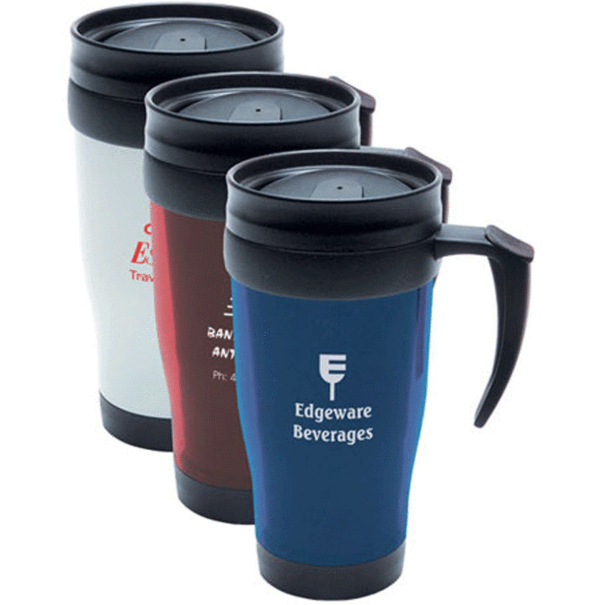 A set of three travel mugs in blue, white, and burgundy, each featuring a logo and a black lid.