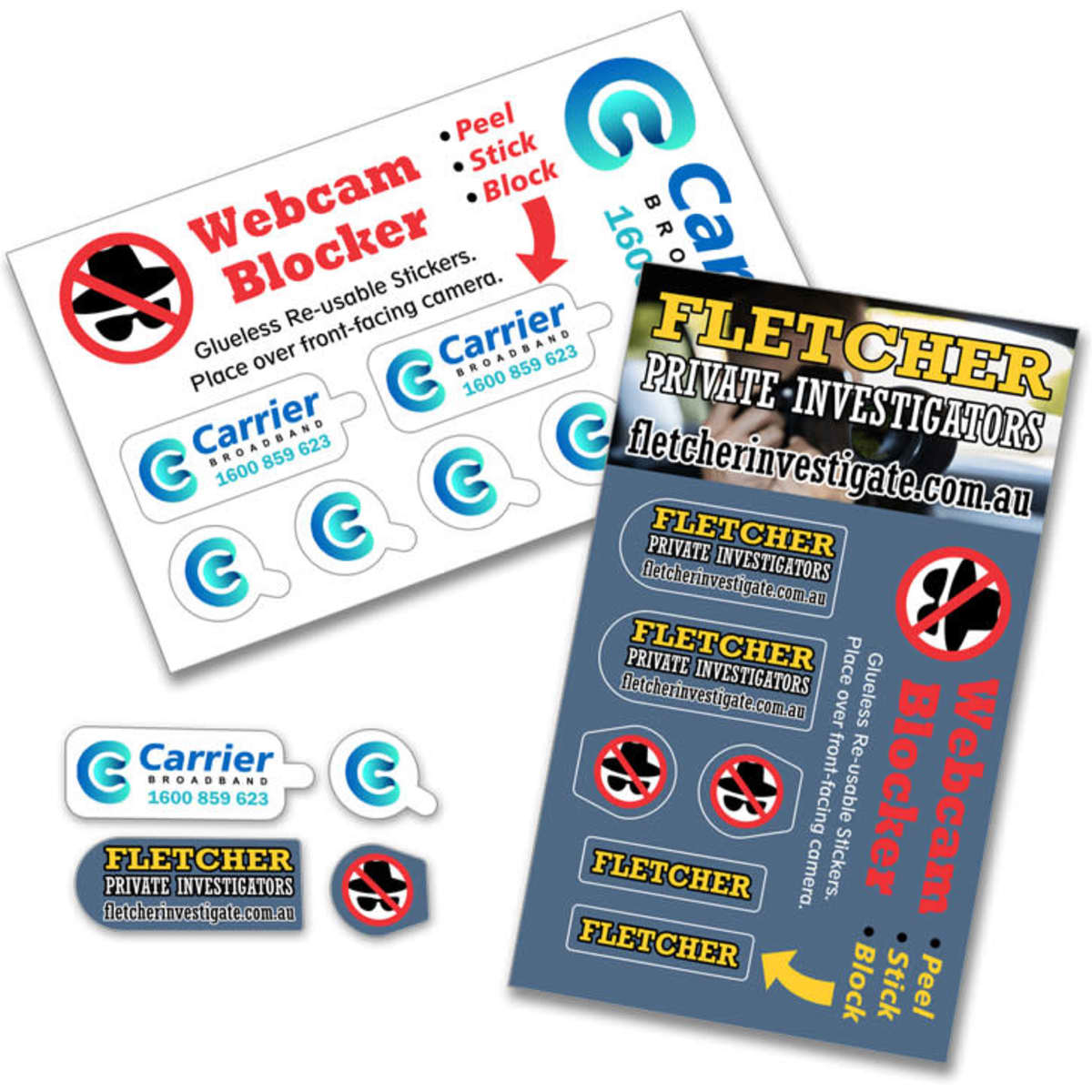 A collection of webcam blockers in blue and white, featuring various stickers and a logo on a promotional card.