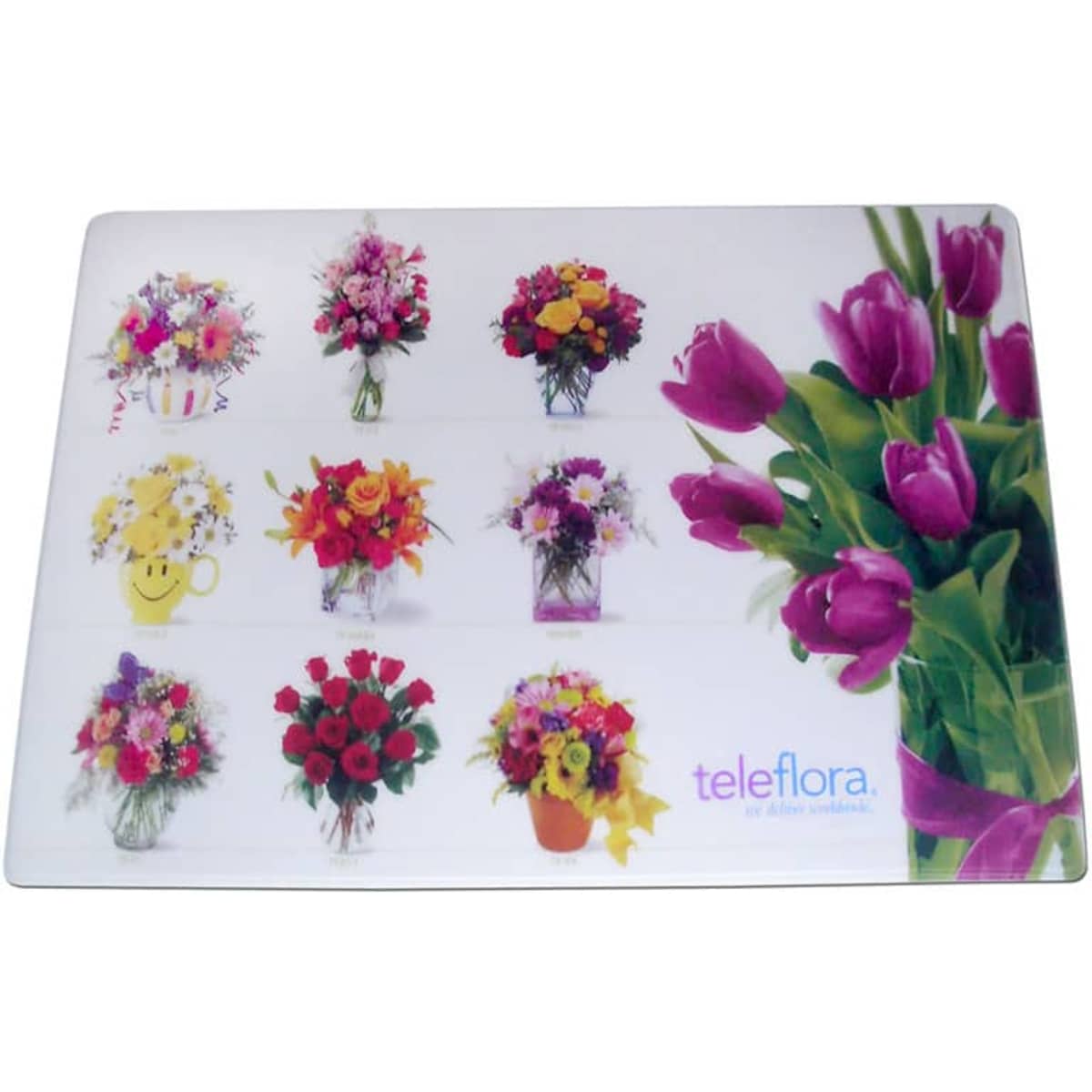 A promotional counter mat featuring various floral arrangements in vibrant colours, with a logo in one corner.