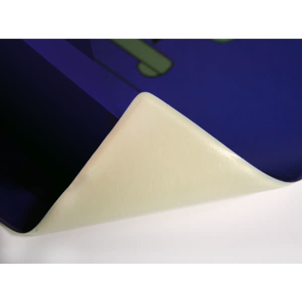 A purple mouse mat with a textured surface, featuring a white, rolled edge. It has a logo visible in the design.