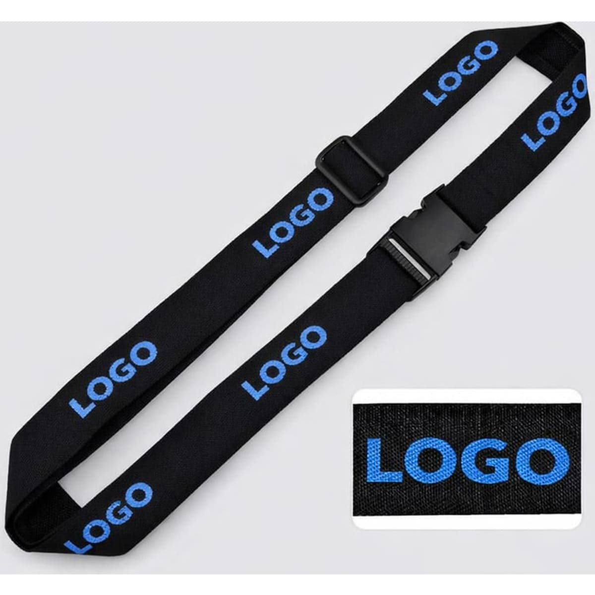 A woven luggage belt in black with blue branding on the strap and a close-up of the logo.