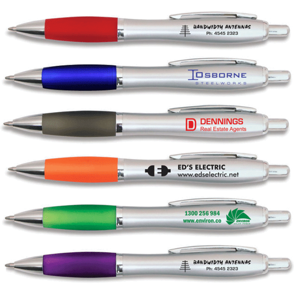 A collection of silver plastic pens in various colours, each featuring a distinct logo or branding.