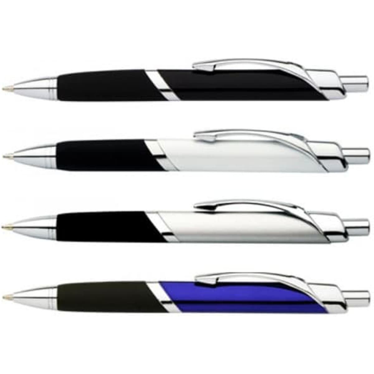 A set of four Trio Pens in black, silver, and blue with chrome accents and a sleek design.