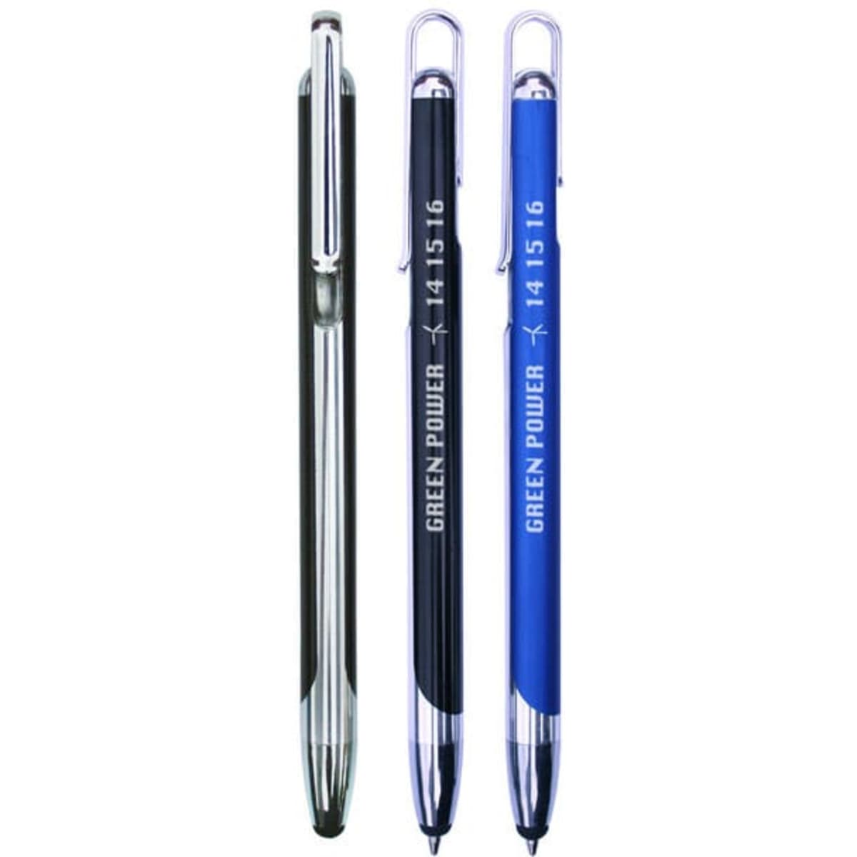 A collection of three Duo Stylus Pens in black, blue, and silver, featuring a logo on each pen.