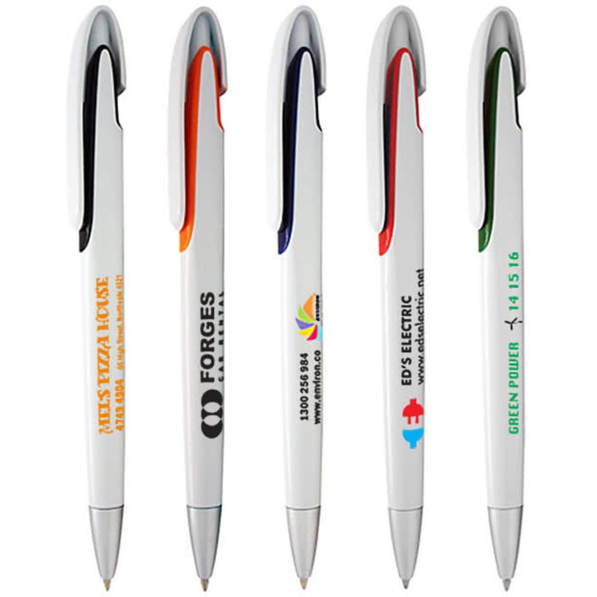 Five plastic pens in white with assorted coloured accents and clips, each featuring a logo or branding on the barrel.