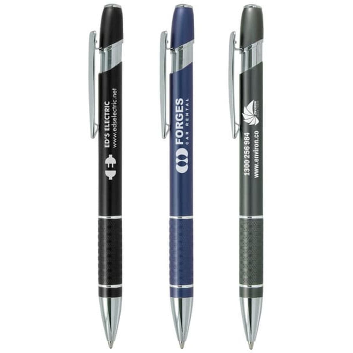Aversa Metal Pens in black, navy, and grey with chrome accents and branding on each pen.