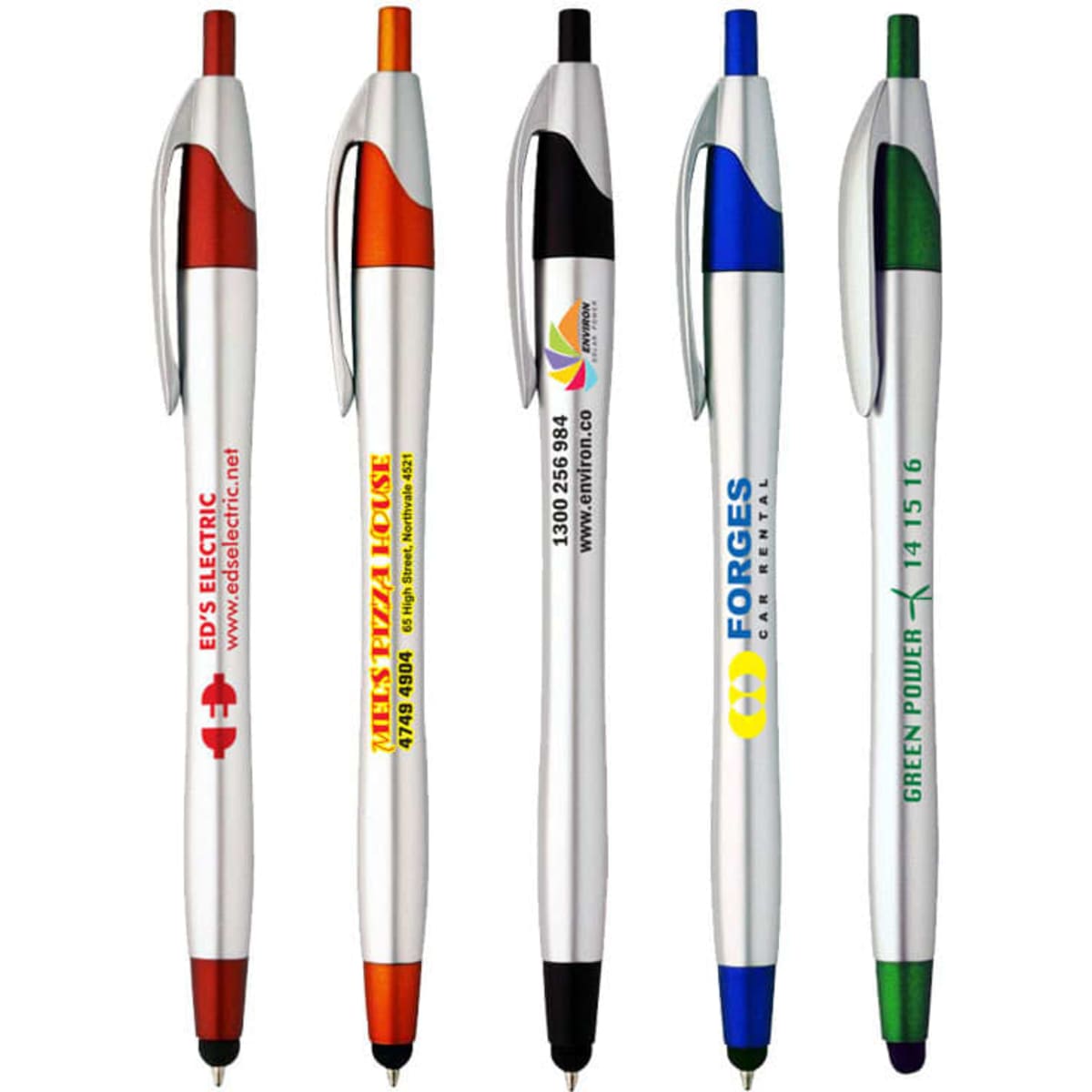 A collection of five slimline plastic pens in silver with coloured accents: red, blue, green, orange, and purple.