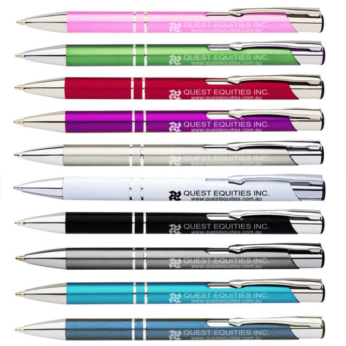 A collection of metal pens in various colours including pink, green, red, silver, blue, black, and white, each featuring a logo.