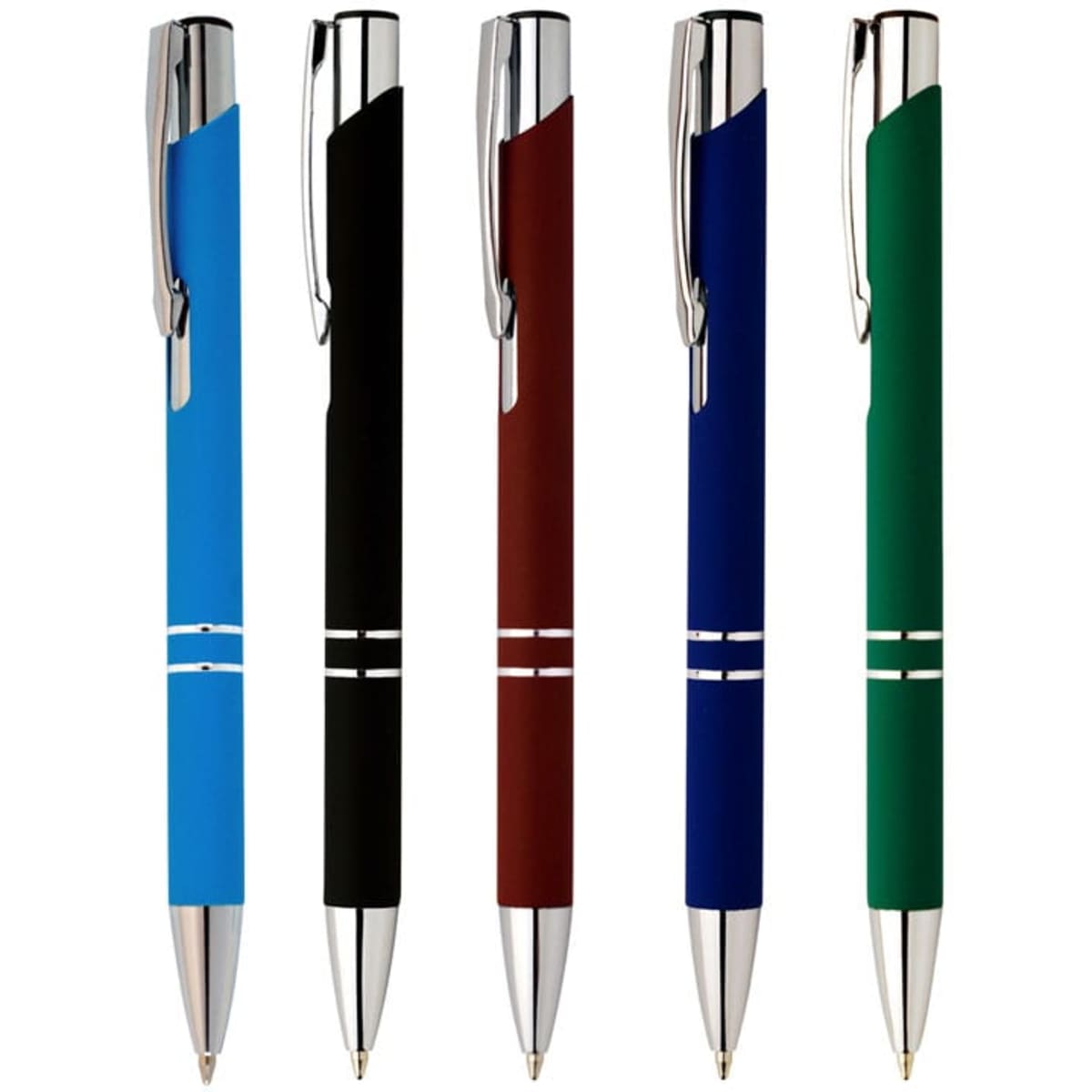 A collection of five rubber-coated pens in blue, black, brown, blue, and green, featuring chrome accents and a logo.