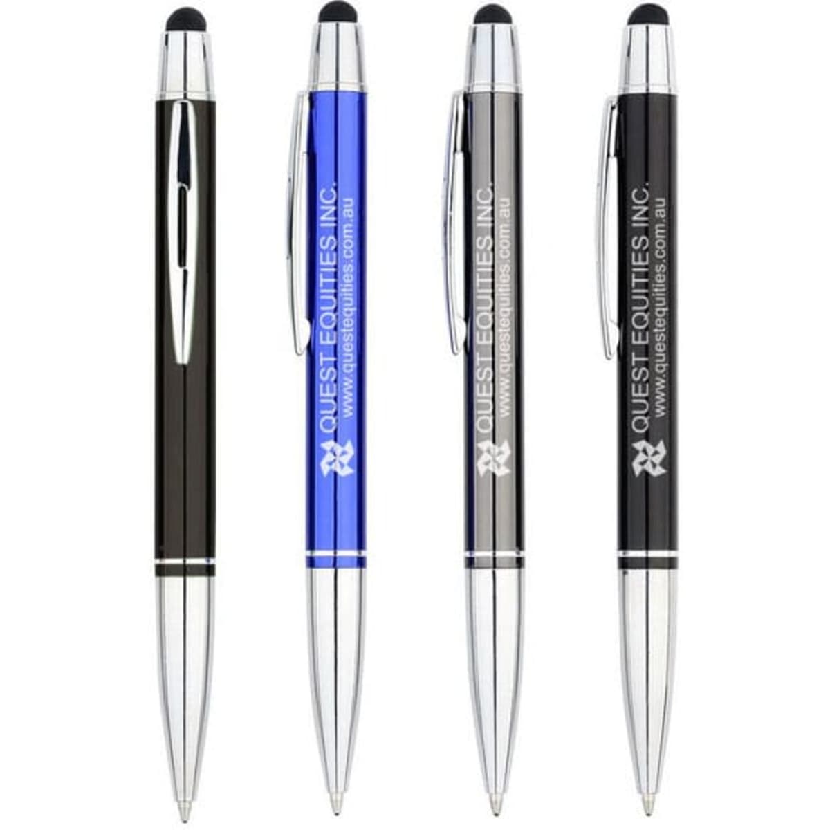 Four stylus pens in black, blue, silver, and black with chrome accents, each featuring a branding logo.