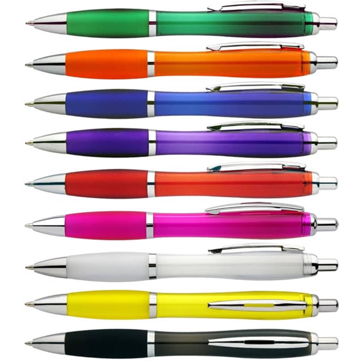 A collection of pens in green, orange, purple, pink, white, and yellow, featuring silver accents and branding.
