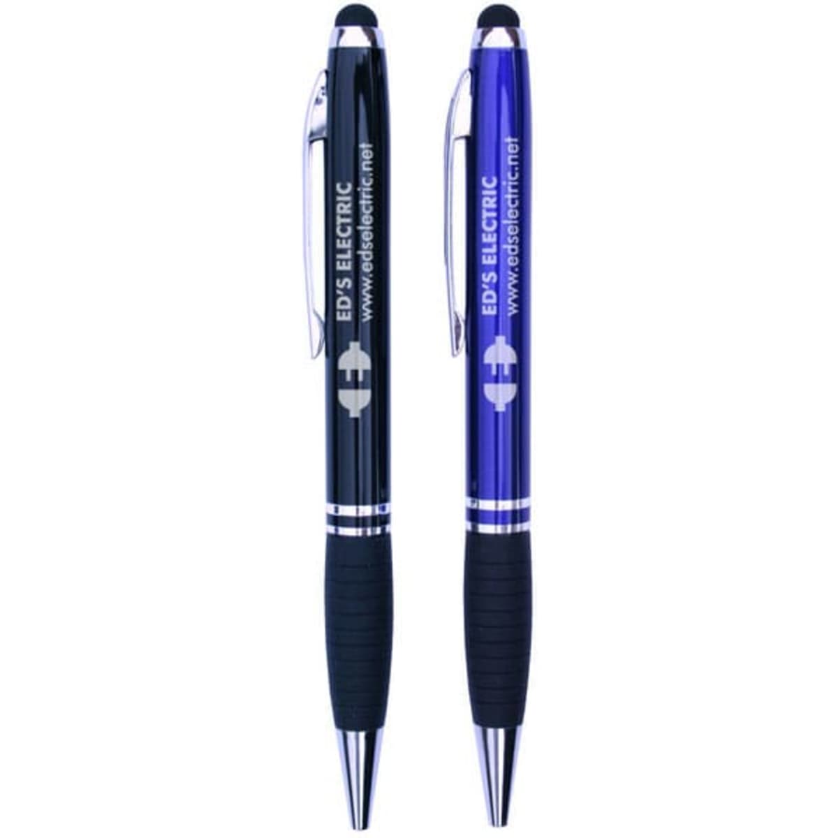 A stylus pen set featuring one black pen and one blue pen, both with grips and branding.