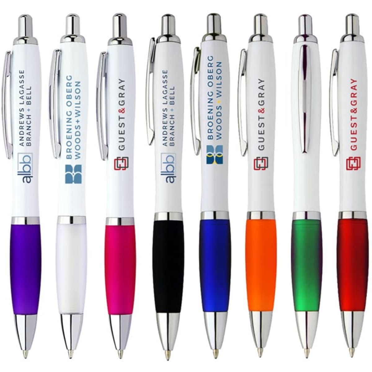 A selection of Allegra white plastic pens featuring various coloured grips and clip accents, along with branding.