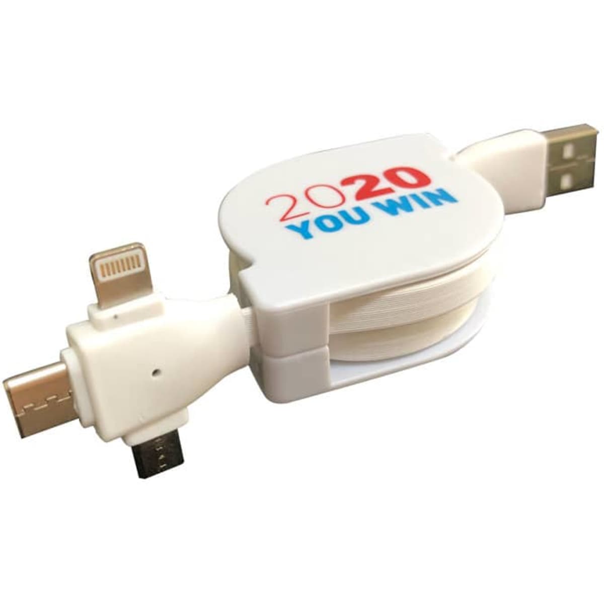 A white 3 in 1 USB charging cable with retractable design and multiple connector heads. Features a logo.
