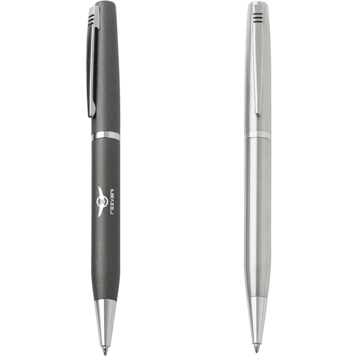 A plastic pen featuring a sleek black body and a silver clip, along with a logo on the barrel.