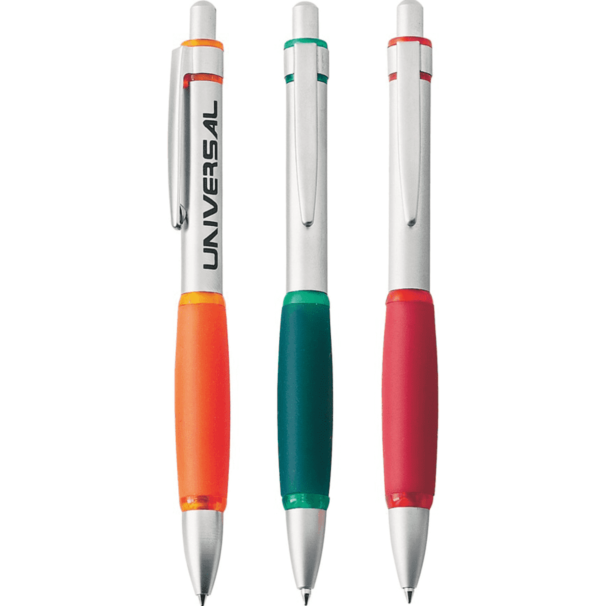Three metal pens in orange, green, and red with silver accents and a logo on one of the pens.