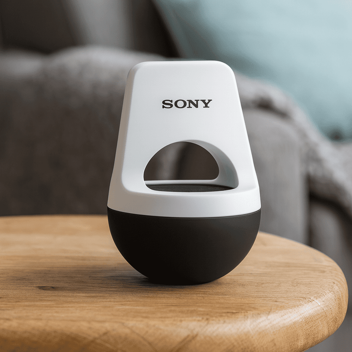 A wireless speaker in white and black, featuring a round base and a curved top, placed on a wooden surface.