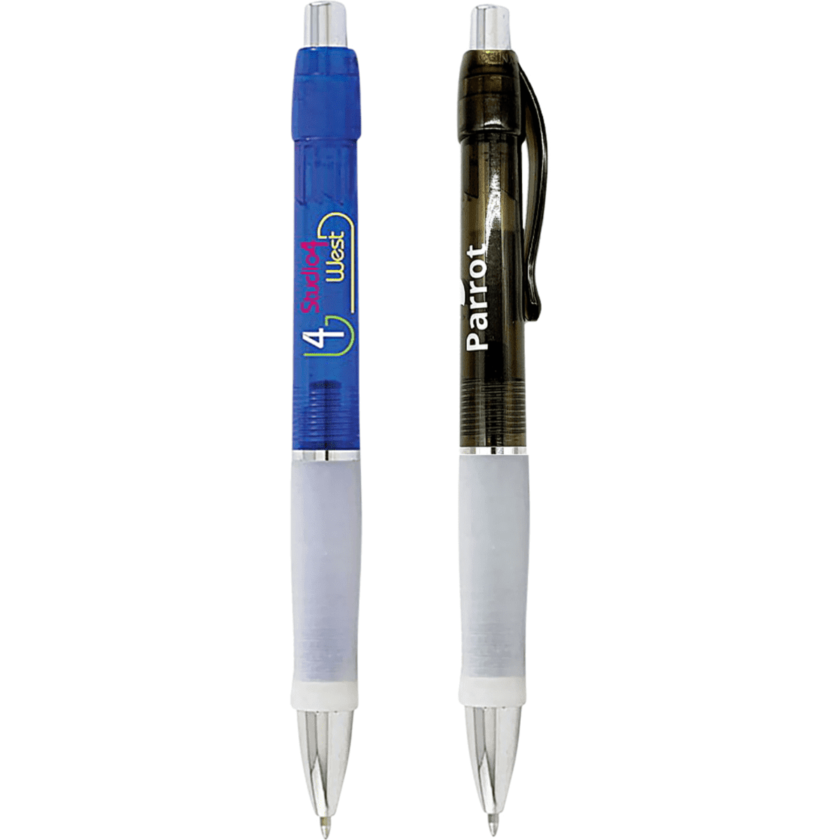 A set of two plastic pens, one blue and one dark grey, featuring white grips and a logo.