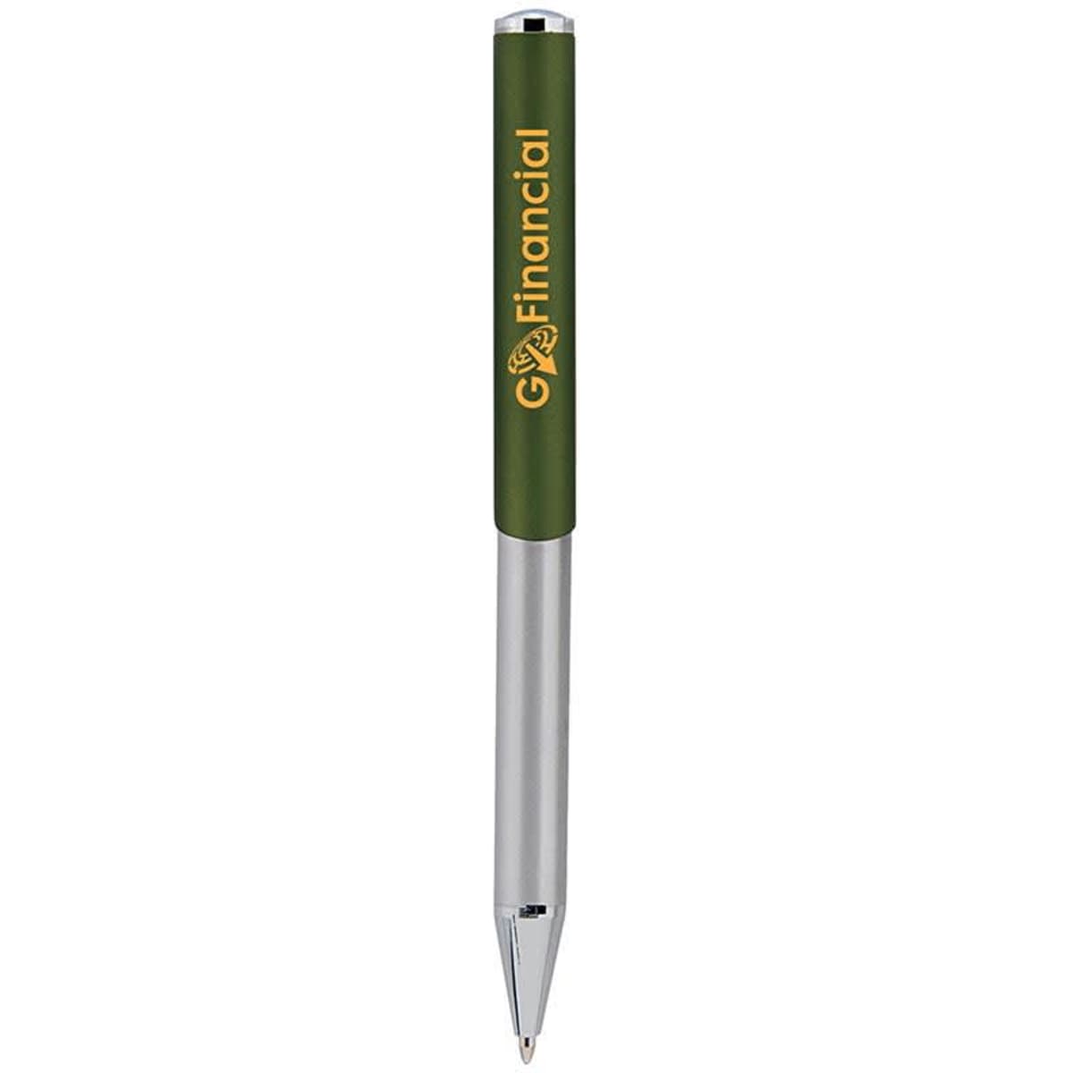 A slim metal pen with a green body and silver accents, featuring a logo on the side.