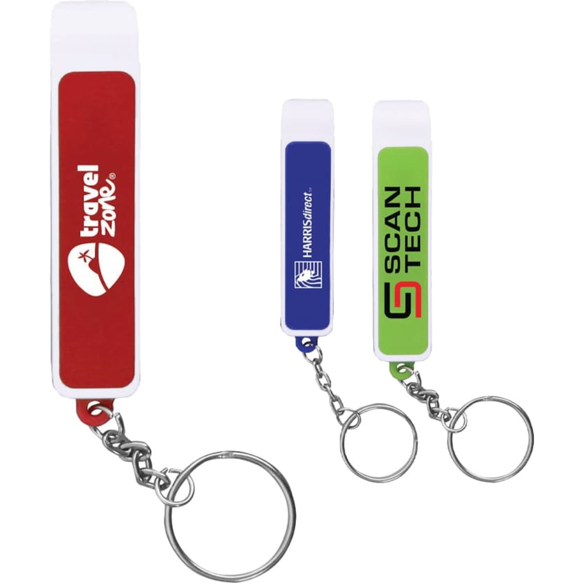 A drink bottle opener set in red, blue, and green, featuring a key ring for attachment and branding on each piece.