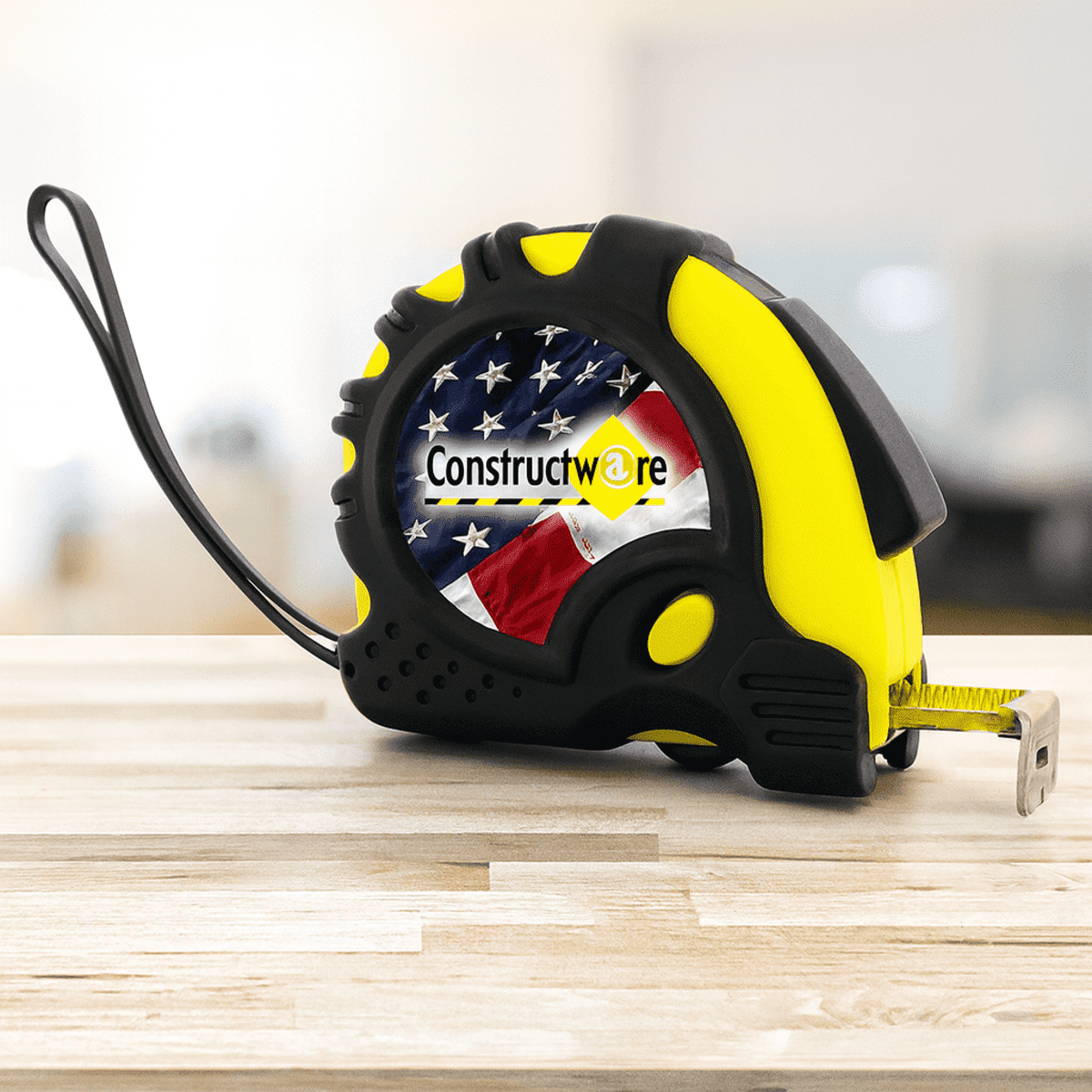 A tape measure with a yellow and black casing, featuring a design of the American flag on its side. It has a logo.