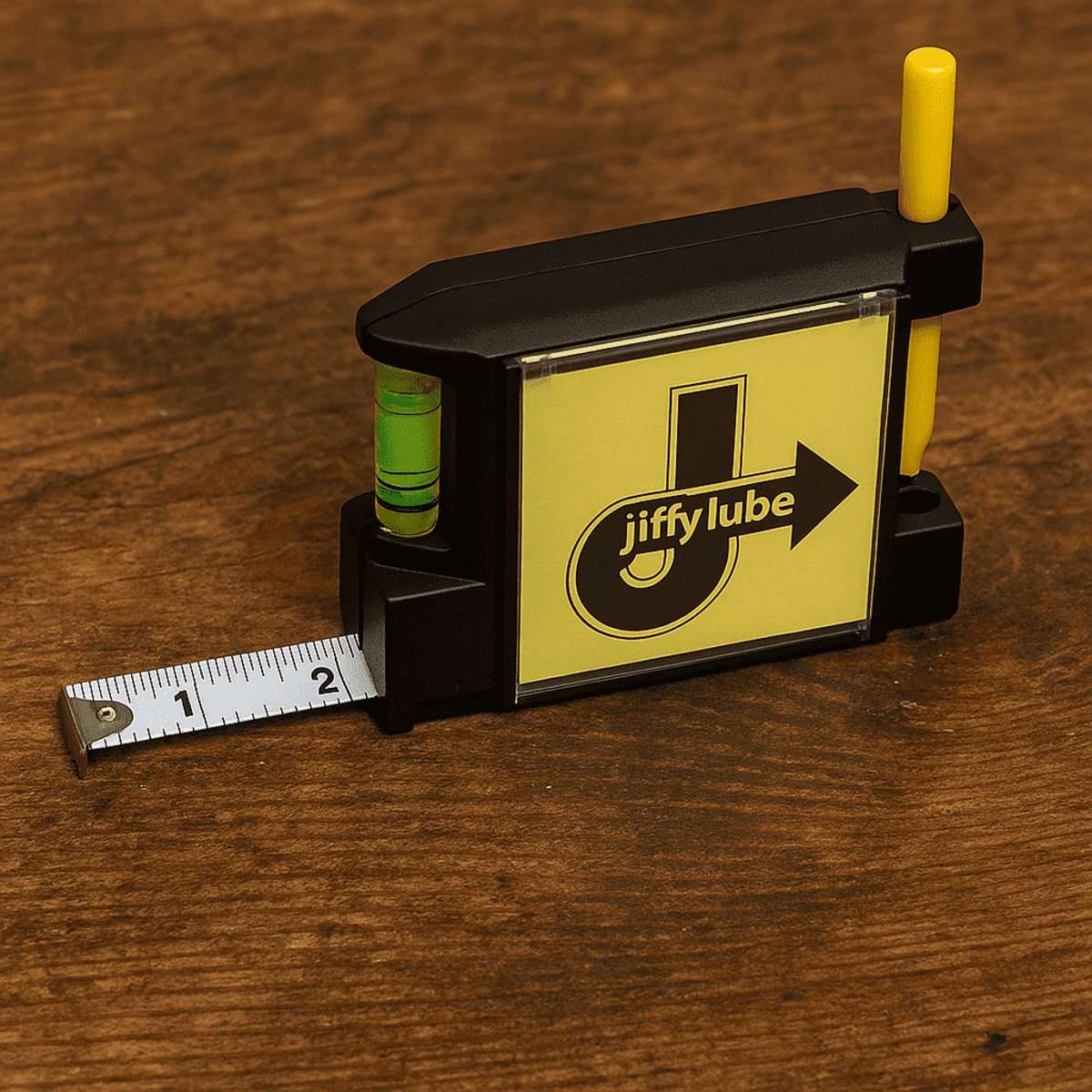 An all-in-one tape measure featuring a yellow body, a retractable tape, level, and a yellow pencil.
