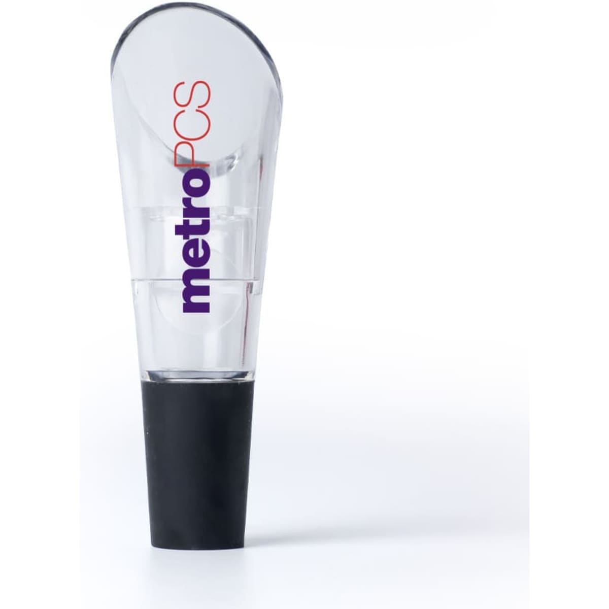 A clear aerator with a black base, featuring a logo on the side, designed for home use.